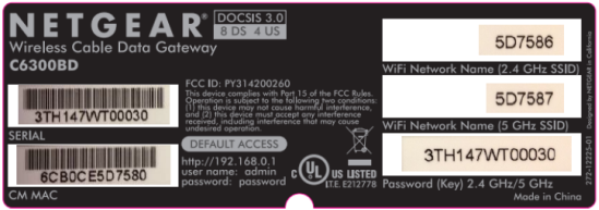 image of a sample modem sticker showing network name and password