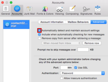 Account settings check box