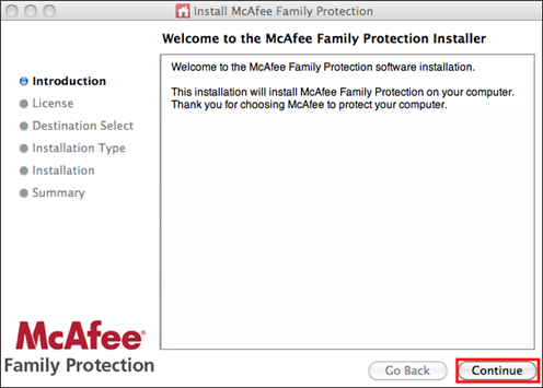 Welcome page highlights Continue button