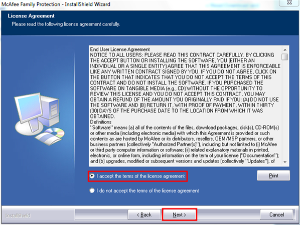 highlights I accept the terms of the license agreement, Next button