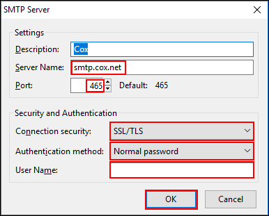 imagen de la ventana del servidor smtp con selecciones resaltadas