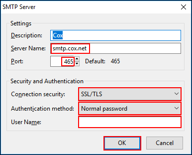 image of the smtp server window with selections highlighted