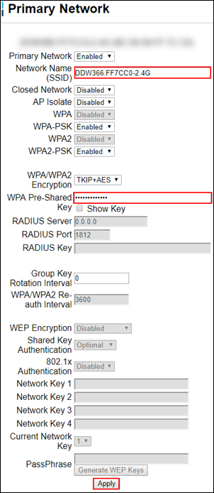 image of the fields to complete on primary network tab