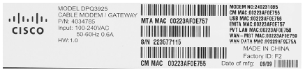 image of MAC Address of DPQ3925 gateway
