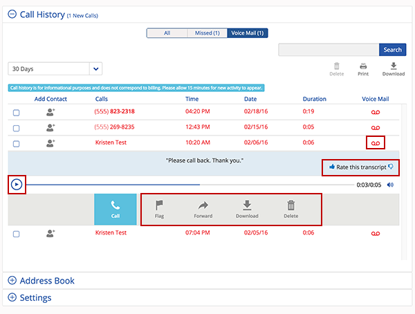 Image of Phone Tools Call History page highlighting Voice Mail options