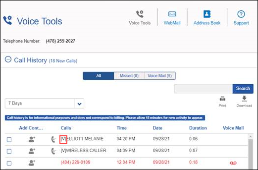 Image of verified caller id in voice tools call history