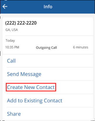 Cox Connect Phone Info, highlighting Create New Contact