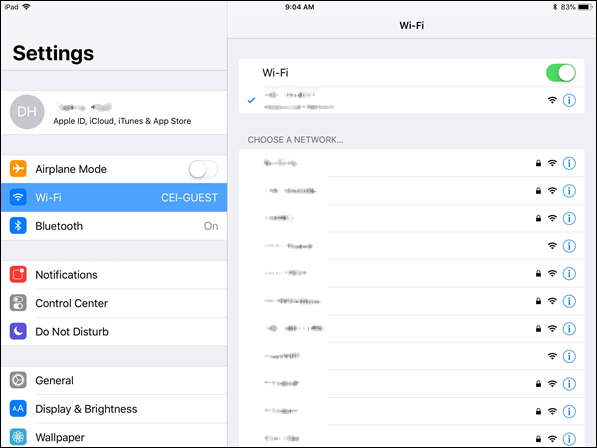 Image of the WiFi Networks in iPad Settings menu