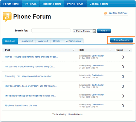Imagen de página de foro seleccionando Ask a Question