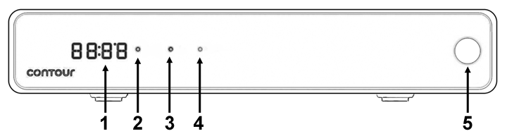 image of Arris XG1 high definition DVR receiver front panel diagram showing Power button and LED indicators and display