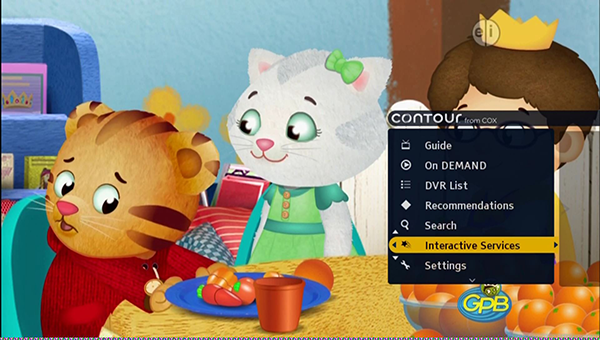 Image of the Contour menu showing the highted interactive services option which is fifth on the list