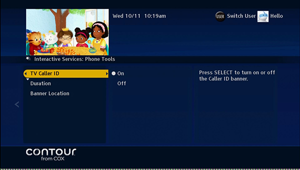 image of the Contour tv caller id menu display showing on and off options