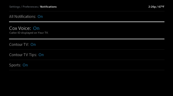 turn the contour 2 tv caller id notification on or off with the cox digital telephone option