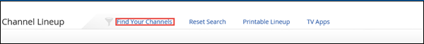 Image shows Channel Lineup webpage with Find your channels with red box around