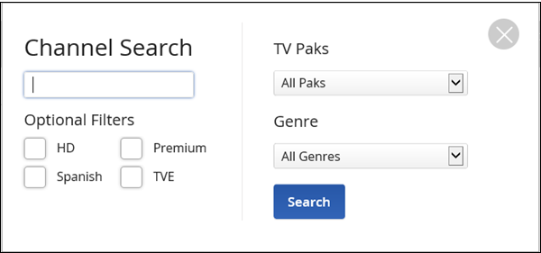 la imagen muestra cómo buscar las opciones de canales con menús desplegables para los paks