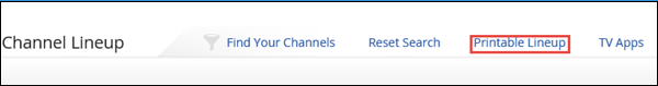 imagen de la página web del listado de canales con Printable Lineup dentro de un recuadro rojo
