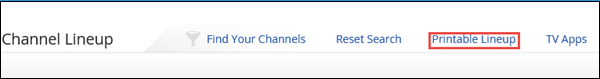 image of channel lineup webpage with Printable Lineup with red box