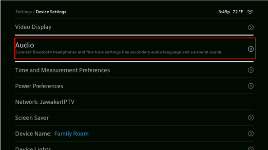 Imagen del menú de configuración del equipo de audio