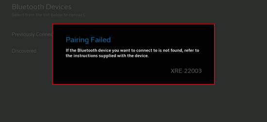 Image of failed pairing in Bluetooth settings